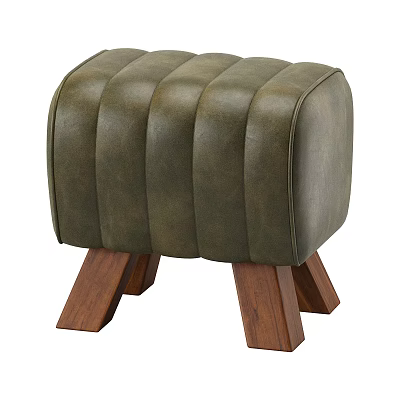 Dark Green Ottoman with Quilted Stitched Surface and Solid Wooden Legs Modern Home Decor Furniture 3d model
