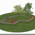 Urban Roadside Green Space with Circular Lawn Trees and Flower Beds