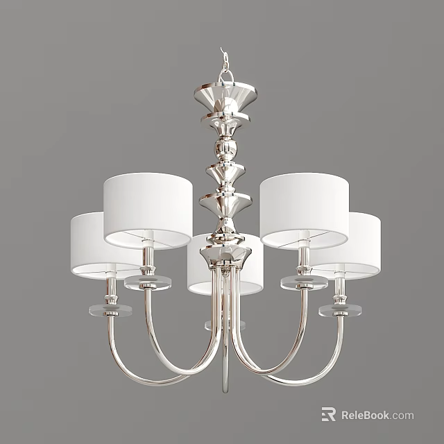 Modern Silver Metal Chandelier With Four White Cylindrical Shades And Decorative Frame 3d model 