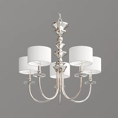 Modern Silver Metal Chandelier With Four White Cylindrical Shades And Decorative Frame 3d model