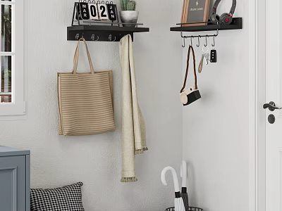 Organized Entryway with Wall Mounted Shelf Calendar Plant Frame Hooks Tote Bag Scarf Keys 3d model