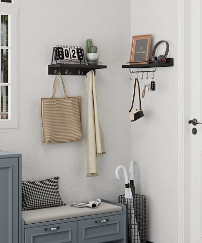 Organized Entryway with Wall Mounted Shelf Calendar Plant Frame Hooks Tote Bag Scarf Keys 3d model