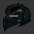 Combat Weapon Helmet With Red Blue Yellow Accents Green Goggle Lenses And Metal Bolt Design