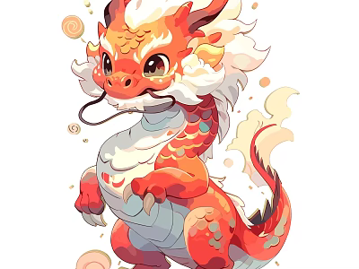 Cute Cartoon Dragon With Red White Scales And Floating Cloud Elements Playful Design 3d model