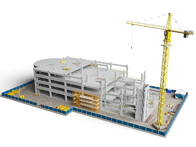 Construction Site Model With Multi Storey Building Framework And Yellow Tower Crane 3d model