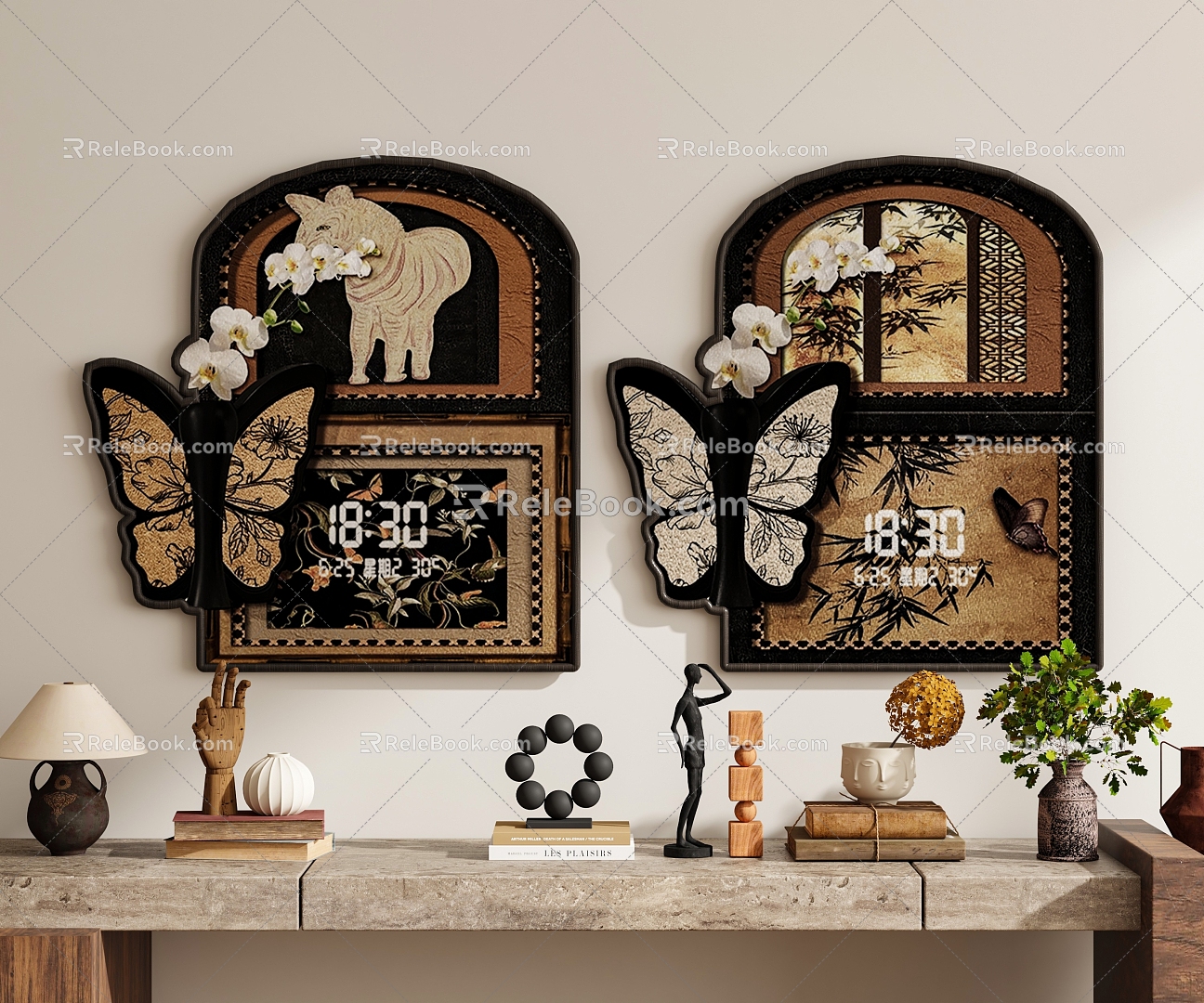 Modern Antique Style New Chinese Style Quiet Style Watch Electronic Watch Wall Clock Decorative Painting Hanging Painting Hanging Painting Combination Hanging Painting Hanging Painting Study Room Hanging Painting Living Room Hanging 3d model