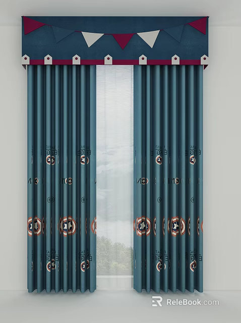 Blue Layered Curtains With Decorative Emblem Patterns And Sheer Panels For Modern Home Decor 3d model 