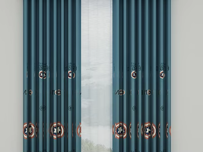 Blue Layered Curtains With Decorative Emblem Patterns And Sheer Panels For Modern Home Decor 3d model