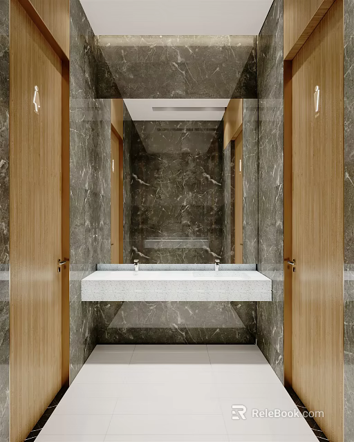 Modern Public Restroom Interior With Marble Walls Wooden Doors And Wash Basin 3d model 