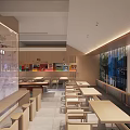 Modern Restaurant Interior With Long Wooden Tables And Colorful Wall Decorations