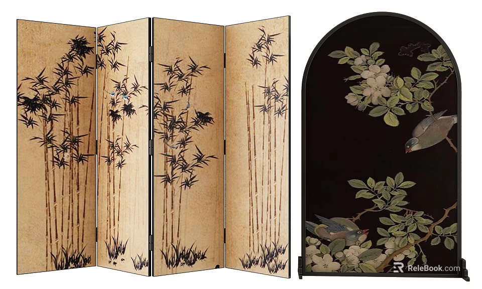 Decorative Oriental Screens Folding Beige With Black Bamboo And Arched Black Featuring Floral Bird Motifs 3d model 