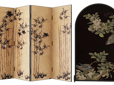 Decorative Oriental Screens Folding Beige With Black Bamboo And Arched Black Featuring Floral Bird Motifs 3d model