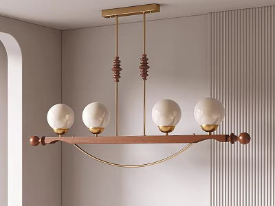 Modern Wooden Chandelier With Brass Details Four Globe Bulbs And Elegant Design 3d model