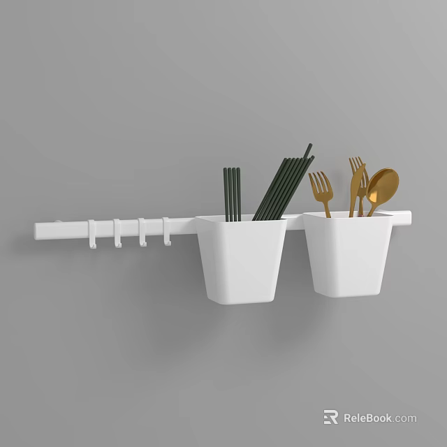 Wall Mounted Utensil Set With White Holders Black Chopsticks And Gold Cutlery 3d model 