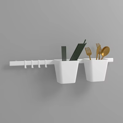 Wall Mounted Utensil Set With White Holders Black Chopsticks And Gold Cutlery 3d model