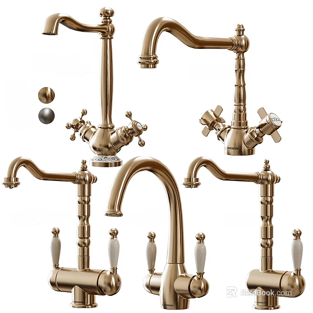 Stylish Gold Bathroom Faucets With Cross Handles And Curved Spout Designs 3d model 