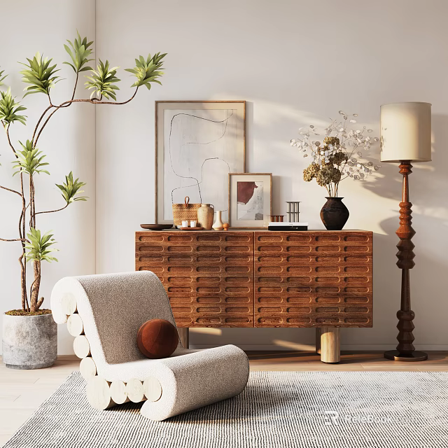 Modern Wooden Console Side Cabinet With Potted Plant Floor Lamp And Wall Art 3d model 