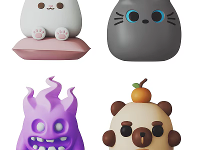 Cute Cat Bear Flame Shaped Dolls With Pink Mat Blue Eyes Orange Fruit 3d model