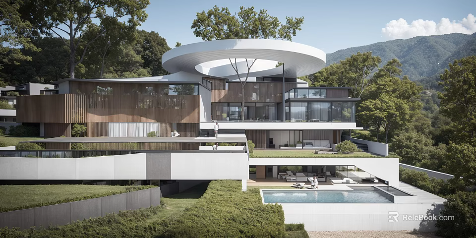Modern Detached Villa With White Circular Roof Glass Facade Swimming Pool And Lush Greenery 3d model 