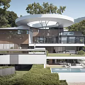Modern Detached Villa With White Circular Roof Glass Facade Swimming Pool And Lush Greenery