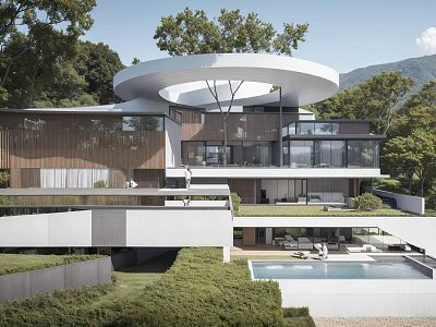 Modern Detached Villa With White Circular Roof Glass Facade Swimming Pool And Lush Greenery 3d model
