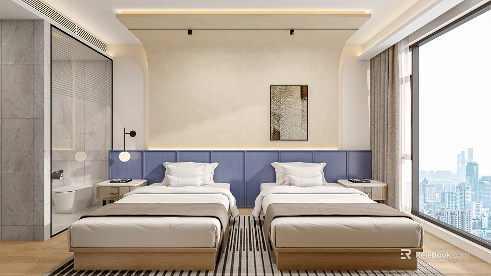 Modern Hotel Guest Room Interior With Twin Beds Blue Accent Wall And Decorative Artwork 3d model 