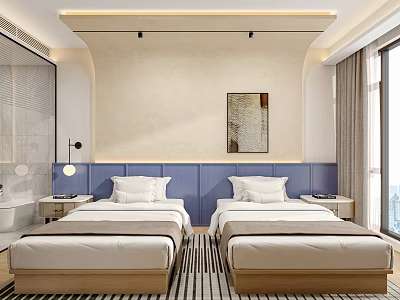 Modern Hotel Guest Room Interior With Twin Beds Blue Accent Wall And Decorative Artwork 3d model