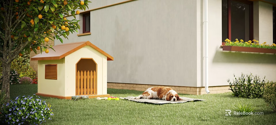 Cozy Residential Building Exterior With Wooden Dog House Dog Lying On Grass And Orange Tree 3d model 