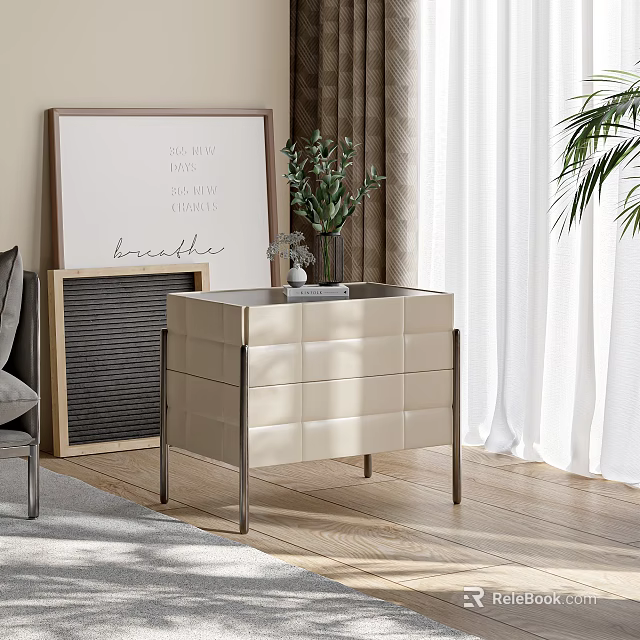 Modern Bedside Cabinet Design With Potted Plant Framed Artwork And Curtain 3d model 