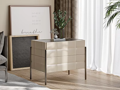 Modern Bedside Cabinet Design With Potted Plant Framed Artwork And Curtain 3d model