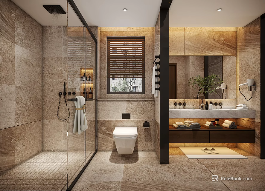 Modern Bathroom Interior Features Glass Shower Enclosure Stone Tiles Toilet And Vanity Mirror 3d model 