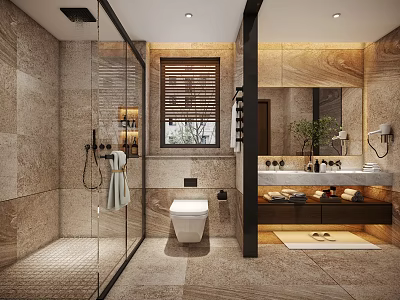 Modern Bathroom Interior Features Glass Shower Enclosure Stone Tiles Toilet And Vanity Mirror 3d model