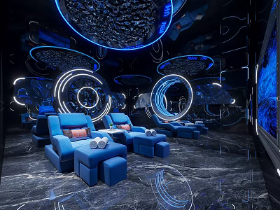 Modern Luxury SPA Sauna Interior With Blue Lighting Circular Decor Blue Sofas And Marble Flooring 3d model