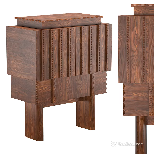Wooden Nightstand with Vertical Stripes Carved Details Layered Structure and Support Legs Design 3d model 