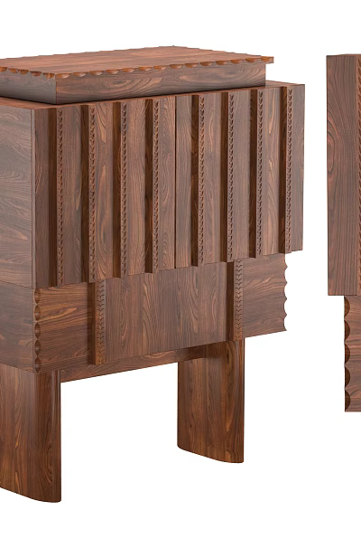 Wooden Nightstand with Vertical Stripes Carved Details Layered Structure and Support Legs Design 3d model