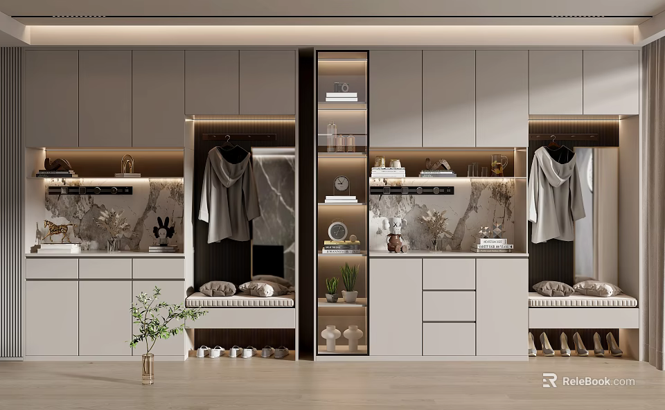 Modern Shoe Cabinet Design With Storage Space Clothing Hanger And Marble Countertop 3d model 