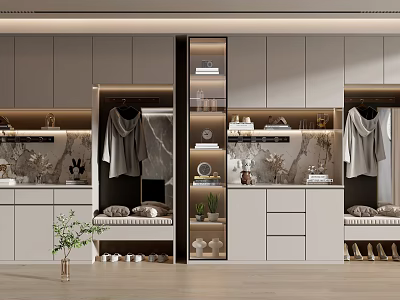 Modern Shoe Cabinet Design With Storage Space Clothing Hanger And Marble Countertop 3d model