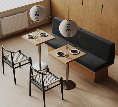 Public Chairs With Woven Backrests And Black Bench In Cozy Wooden Cafe Interior 3d model