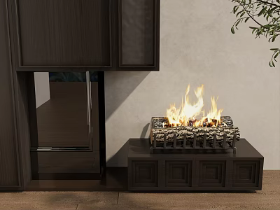Modern Fireplace Interior Design With Wooden Cabinetry Burning Flames And Decorative Stones 3d model