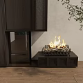 Modern Fireplace Interior Design With Wooden Cabinetry Burning Flames And Decorative Stones