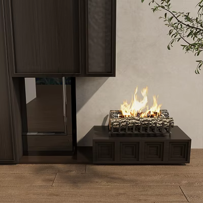 Modern Fireplace Interior Design With Wooden Cabinetry Burning Flames And Decorative Stones 3d model