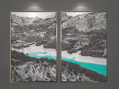 Framed Landscape Painting With Mountain Range Turquoise Lake Village And Forest Trees 3d model