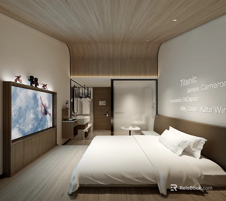 Modern Hotel Guest Room Featuring Large TV Wooden Ceiling White Bed And Decorative Text 3d model 