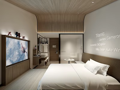Modern Hotel Guest Room Featuring Large TV Wooden Ceiling White Bed And Decorative Text 3d model