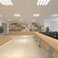 Bright Conference Room With Bookshelves Conference Tables Podium Screen And Wooden Flooring