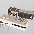 Modern Home Bar Counter With White Wooden Top Marble Surface Stools And Tableware Fruit