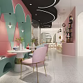 Shopping Mall Store Interior With Orange Walls Green Archways Decorative Lights And Wooden Display Stands