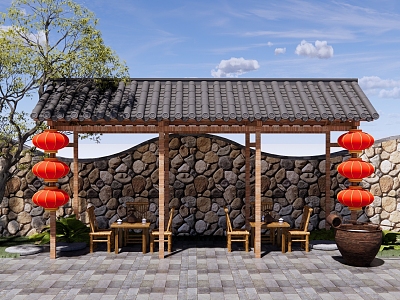 Rural Garden Landscape Corridor Rack Rural Corridor Rack Leisure Tea Shed Rest Post Bamboo Table and Chair Red Lantern model