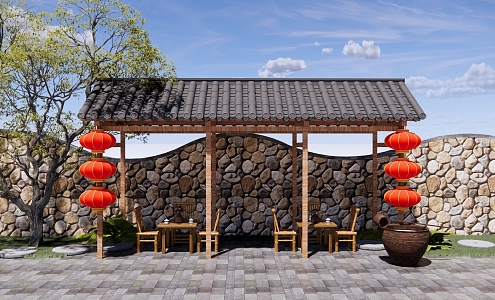 Rural Garden Landscape Corridor Rack Rural Corridor Rack Leisure Tea Shed Rest Post Bamboo Table and Chair Red Lantern 3d model