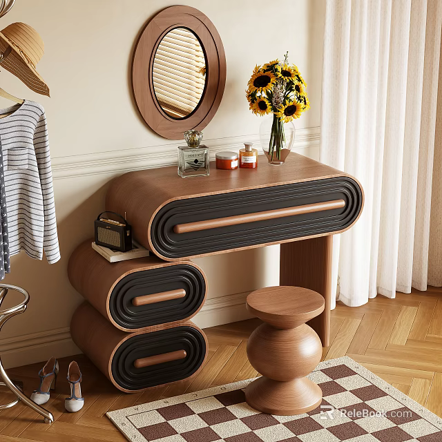 Modern Wooden Dressing Table With Black Drawers Round Mirror Sunflower Vase And Stool 3d model 